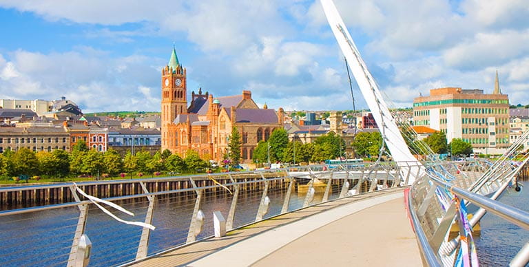 The Peace Bridge and Guildhall in Londonderry, Northern Ireland